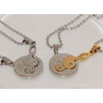NSA|2 steel necklaces treble clef and 2-part puzzle moon with white zircons