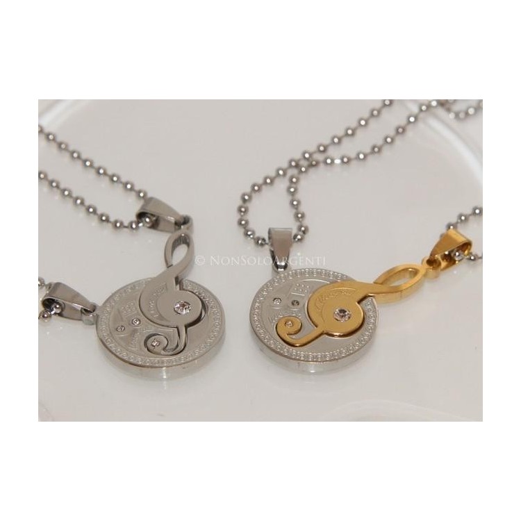 NSA|2 steel necklaces treble clef and 2-part puzzle moon with white zircons