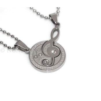 NSA|2 steel necklaces treble clef and 2-part puzzle moon with white zircons