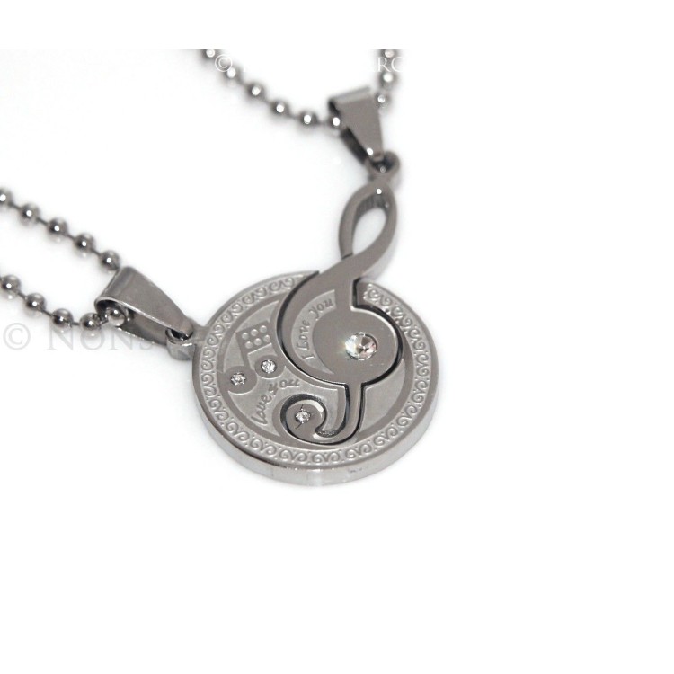 NSA|2 steel necklaces treble clef and 2-part puzzle moon with white zircons