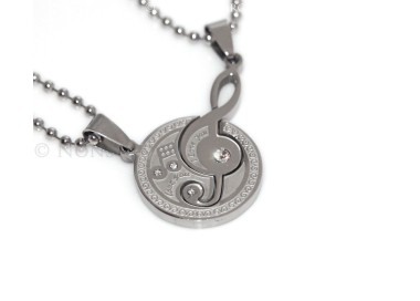 NSA|2 steel necklaces treble clef and 2-part puzzle moon with white zircons