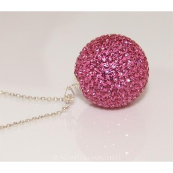 NSA|Ciondolo Argento 925 : Sfera EnoRmE Rosa acceso Fuchsia con chiama Angeli pavè di Zirconi collana omaggio 29 mm