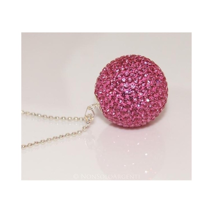 NSA|Ciondolo Argento 925 : Sfera EnoRmE Rosa acceso Fuchsia con chiama Angeli pavè di Zirconi collana omaggio 29 mm