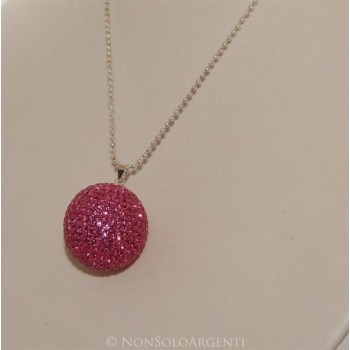 NSA|Ciondolo Argento 925 : Sfera EnoRmE Rosa acceso Fuchsia con chiama Angeli pavè di Zirconi collana omaggio 29 mm