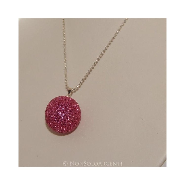 NSA|Ciondolo Argento 925 : Sfera EnoRmE Rosa acceso Fuchsia con chiama Angeli pavè di Zirconi collana omaggio 29 mm