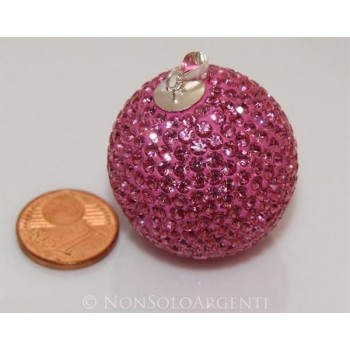 NSA|Ciondolo Argento 925 : Sfera EnoRmE Rosa acceso Fuchsia con chiama Angeli pavè di Zirconi collana omaggio 29 mm