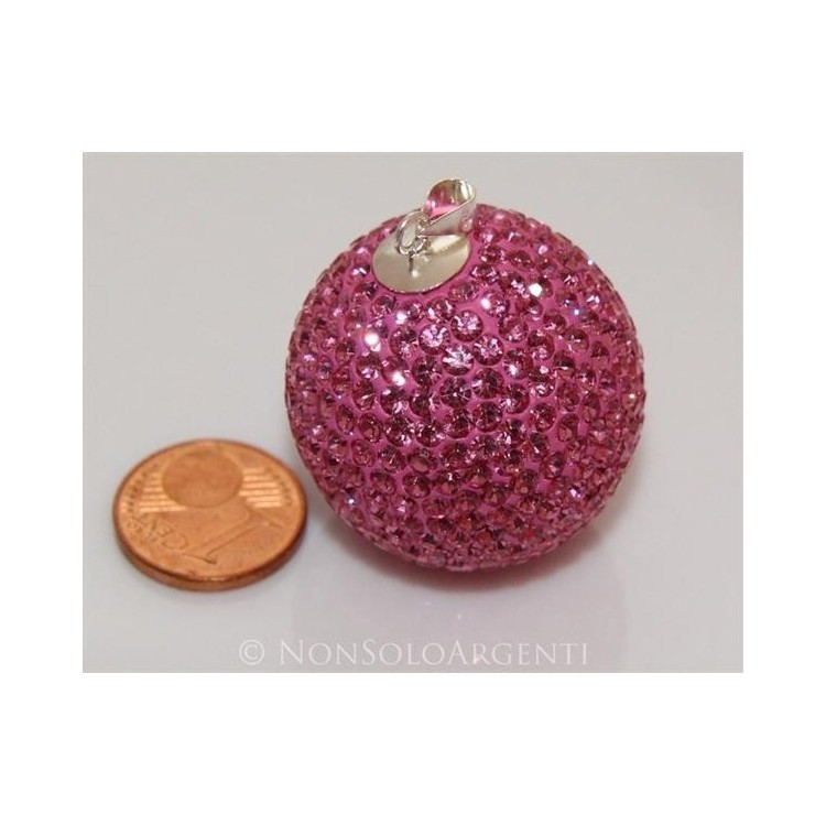 NSA|Ciondolo Argento 925 : Sfera EnoRmE Rosa acceso Fuchsia con chiama Angeli pavè di Zirconi collana omaggio 29 mm