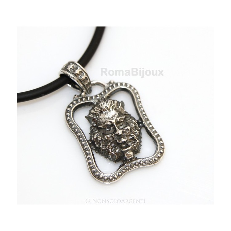 NSA|Silver Pendant 925: for man. Lion burnished medium frame with lace and handmade