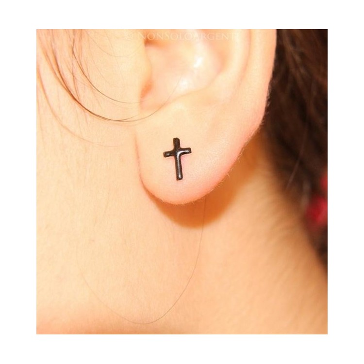 NSA|Argento 925 Italiano : Orecchini croci smaltate nere per uomo e donna