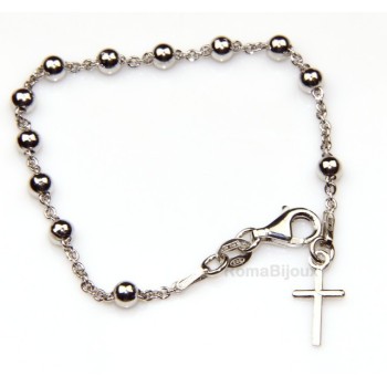 NSA|Rosary bracelet man or woman in 925 sterling silver cross smooth rod White gold balls 4 mm length 15.50