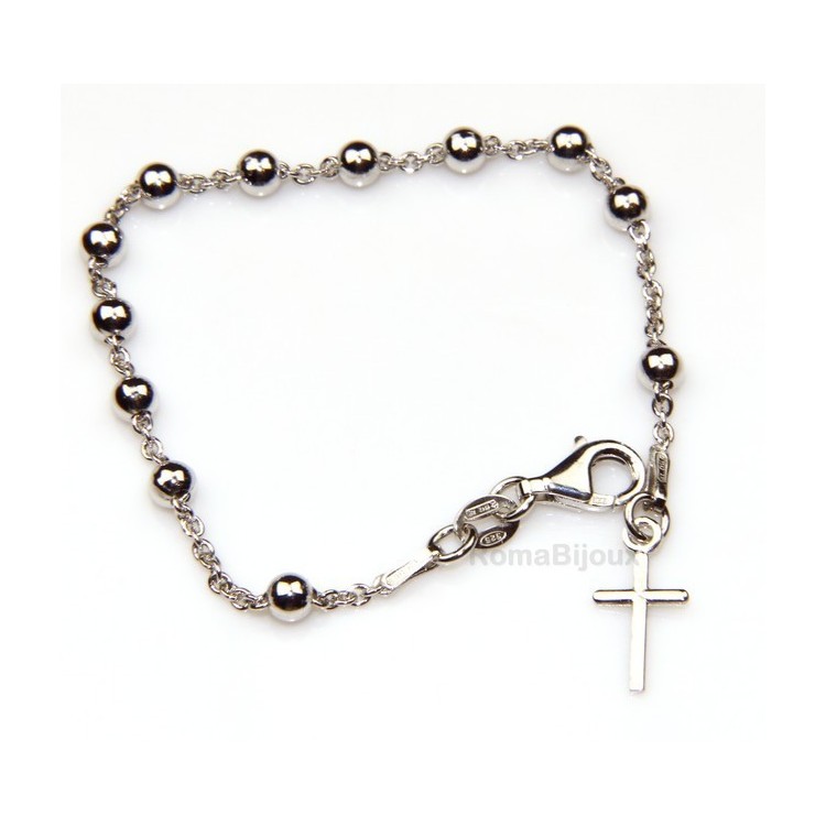 NSA|Rosary bracelet man or woman in 925 sterling silver cross smooth rod White gold balls 4 mm length 15.50