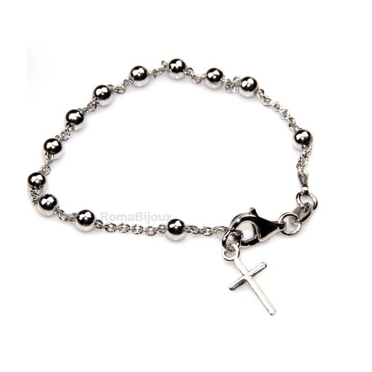 NSA|Rosary bracelet man or woman in 925 sterling silver cross smooth rod White gold balls 4 mm length 15.50