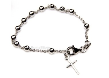 NSA|Rosary bracelet man or woman in 925 sterling silver cross smooth rod White gold balls 4 mm length 15.50