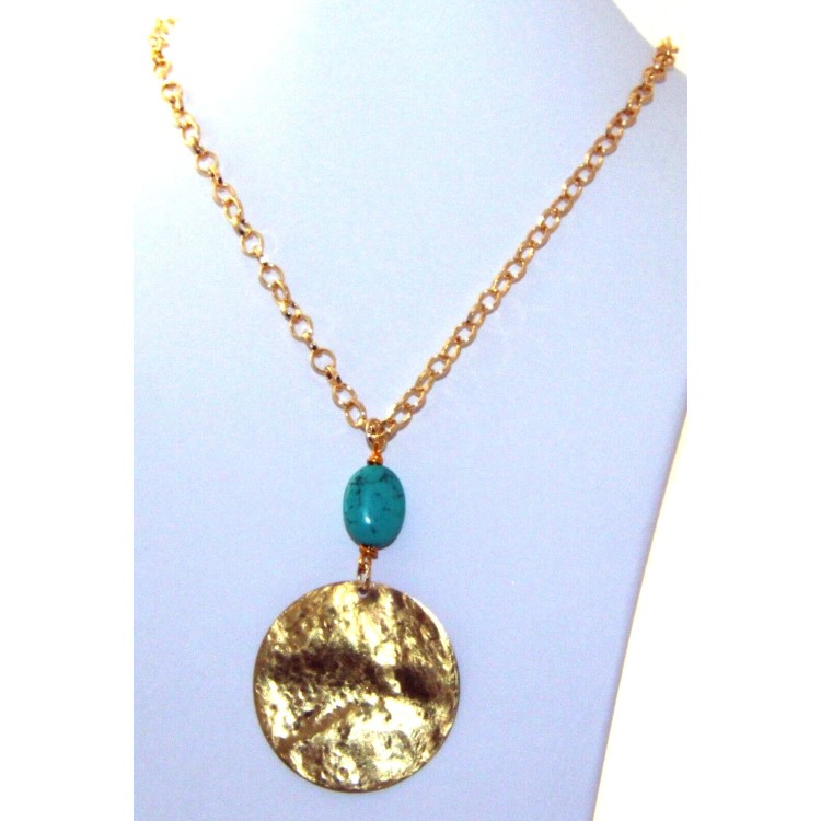NSA|medallion necklace with turquoise paste in golden aluminum for women