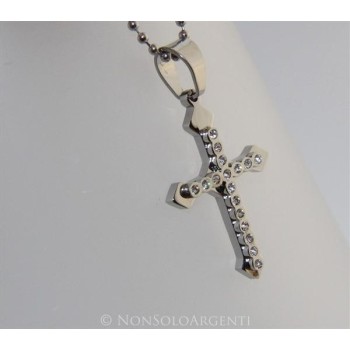 NSA|Acciaio : Collana pallini uomo donna ciondolo croce frecciata con zirconi cipolline bianche