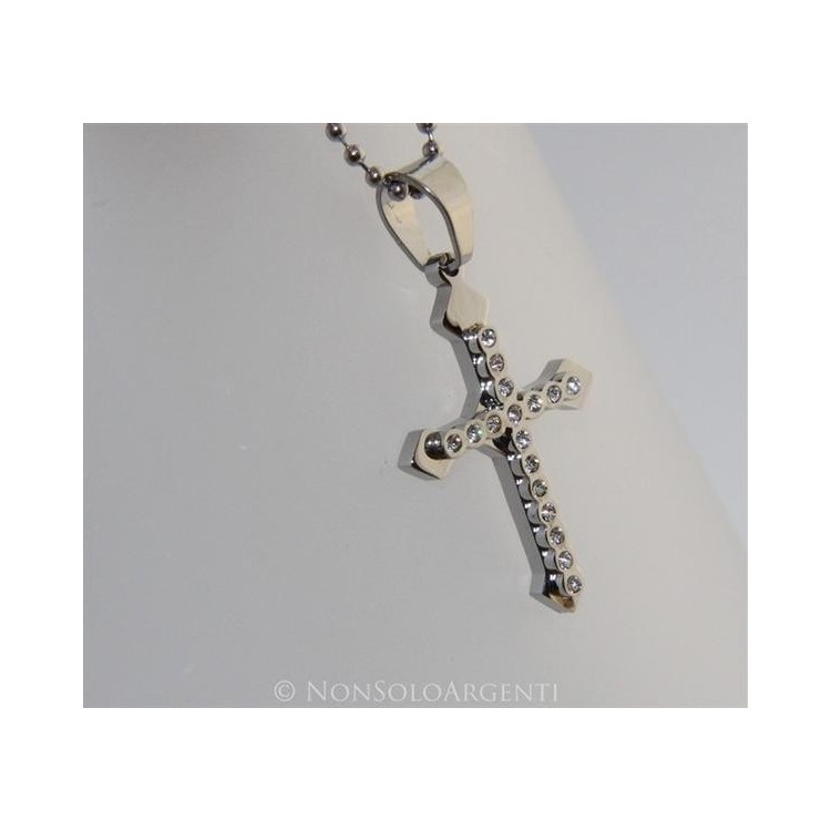 NSA|Acciaio : Collana pallini uomo donna ciondolo croce frecciata con zirconi cipolline bianche