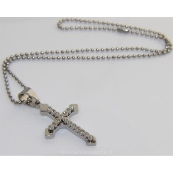 NSA|Acciaio : Collana pallini uomo donna ciondolo croce frecciata con zirconi cipolline bianche