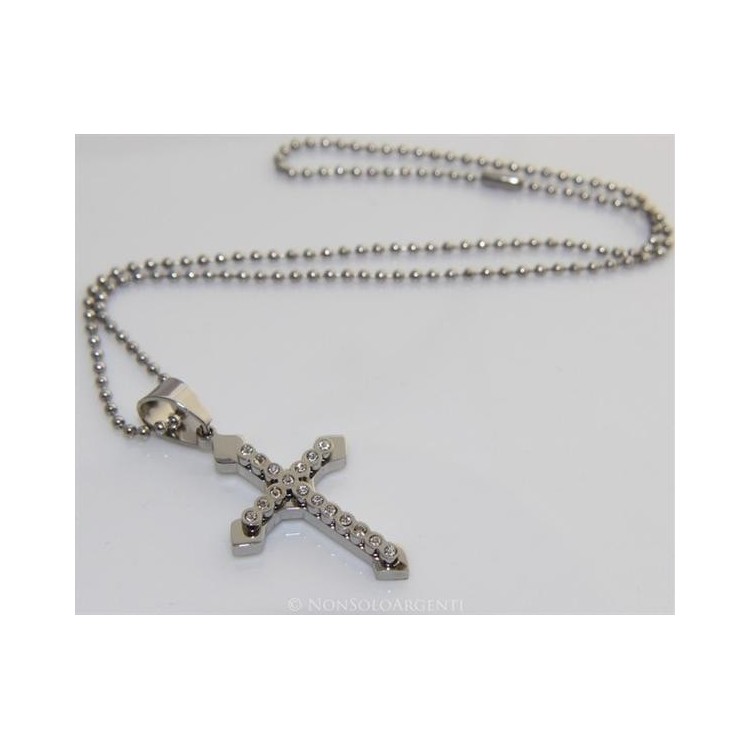 NSA|Acciaio : Collana pallini uomo donna ciondolo croce frecciata con zirconi cipolline bianche