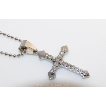 NSA|Acciaio : Collana pallini uomo donna ciondolo croce frecciata con zirconi cipolline bianche