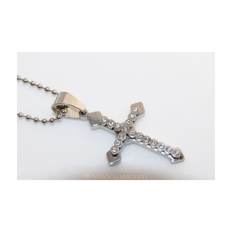 NSA|Acciaio : Collana pallini uomo donna ciondolo croce frecciata con zirconi cipolline bianche