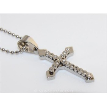 NSA|Acciaio : Collana pallini uomo donna ciondolo croce frecciata con zirconi cipolline bianche