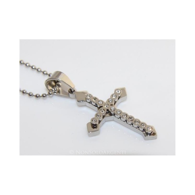 NSA|Acciaio : Collana pallini uomo donna ciondolo croce frecciata con zirconi cipolline bianche