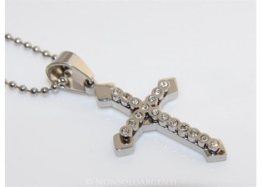 NSA|Acciaio : Collana pallini uomo donna ciondolo croce frecciata con zirconi cipolline bianche