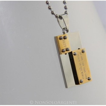 NSA|Acciaio : Collana pallini uomo donna ciondolo targa bullonato cromato e oro Amicizia