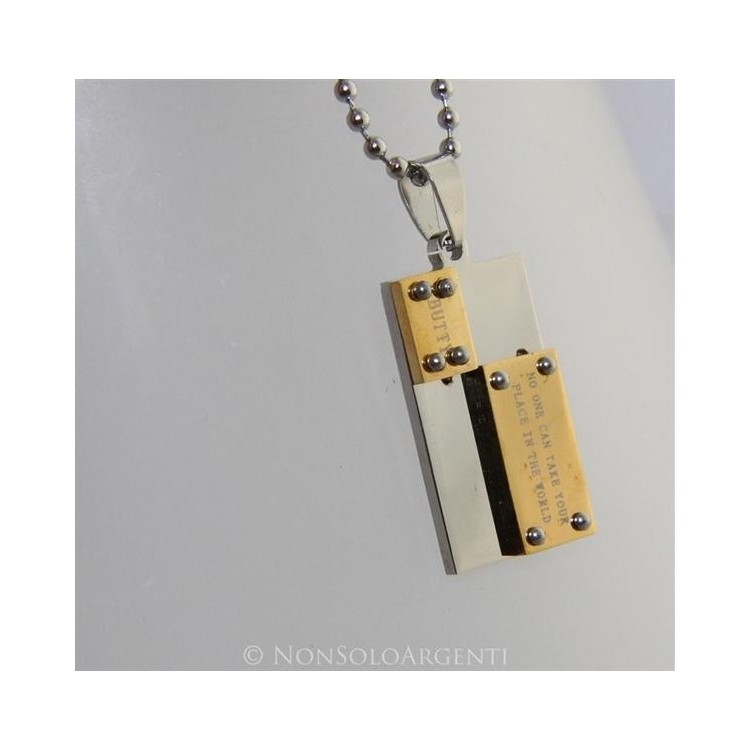 NSA|Acciaio : Collana pallini uomo donna ciondolo targa bullonato cromato e oro Amicizia