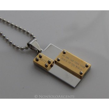NSA|Acciaio : Collana pallini uomo donna ciondolo targa bullonato cromato e oro Amicizia