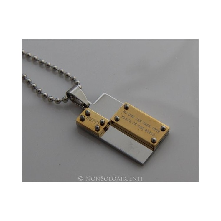 NSA|Acciaio : Collana pallini uomo donna ciondolo targa bullonato cromato e oro Amicizia
