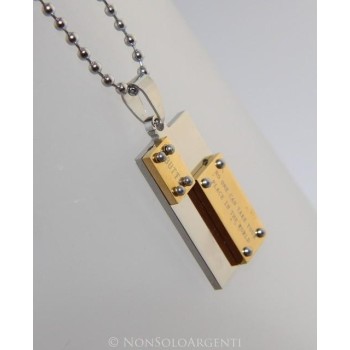 NSA|Acciaio : Collana pallini uomo donna ciondolo targa bullonato cromato e oro Amicizia