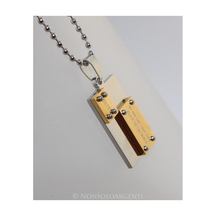 NSA|Acciaio : Collana pallini uomo donna ciondolo targa bullonato cromato e oro Amicizia