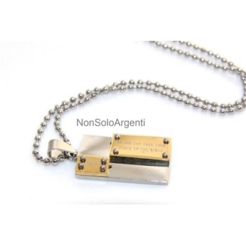 NSA|Acciaio : Collana pallini uomo donna ciondolo targa bullonato cromato e oro Amicizia