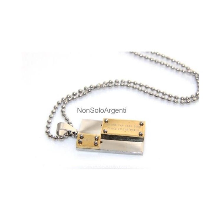 NSA|Acciaio : Collana pallini uomo donna ciondolo targa bullonato cromato e oro Amicizia