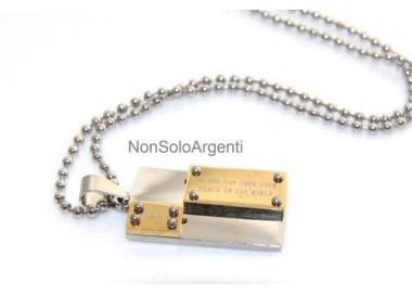 NSA|Acciaio : Collana pallini uomo donna ciondolo targa bullonato cromato e oro Amicizia