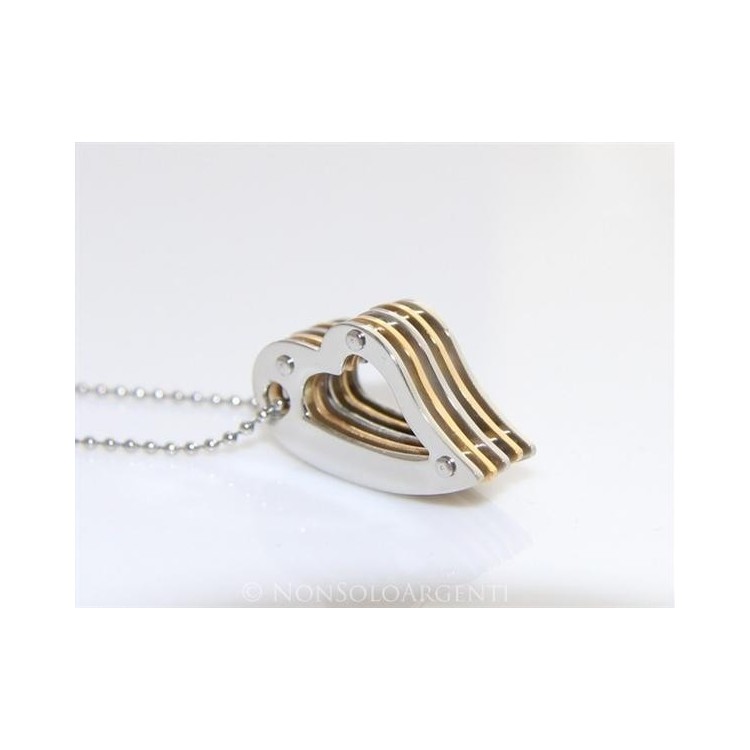 NSA|Acciaio : Collana pallini uomo donna ciondolo cuore a strati bullonato cromato e oro