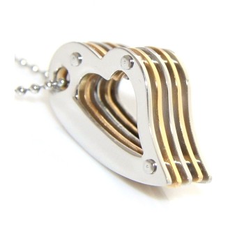 NSA|Collana acciaio cuore a strati bullonato cromato e oro per donna
