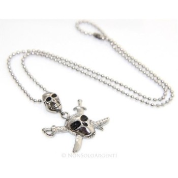 NSA|Acciaio : Collana pallini uomo ciondolo pirata 2 teschi con spade incrociate