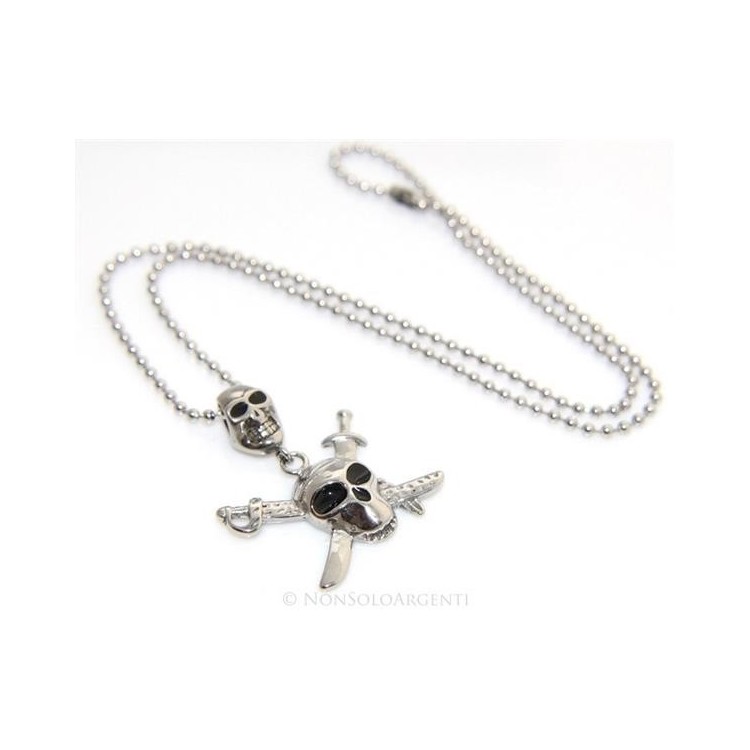 NSA|Acciaio : Collana pallini uomo ciondolo pirata 2 teschi con spade incrociate