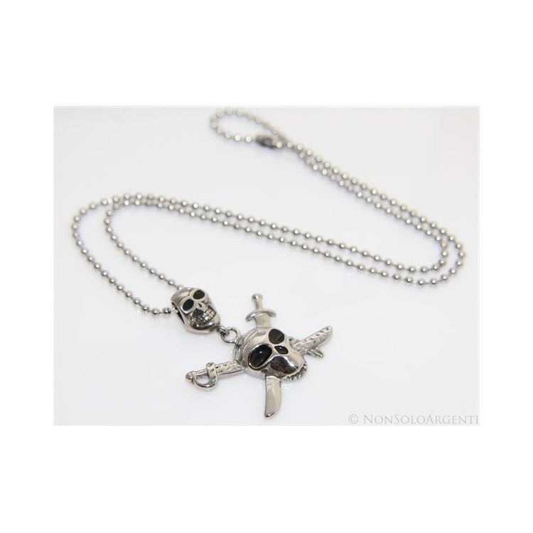 NSA|Acciaio : Collana pallini uomo ciondolo pirata 2 teschi con spade incrociate