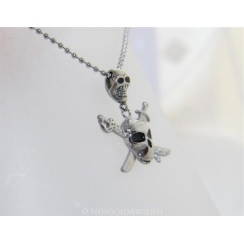 NSA|Acciaio : Collana pallini uomo ciondolo pirata 2 teschi con spade incrociate