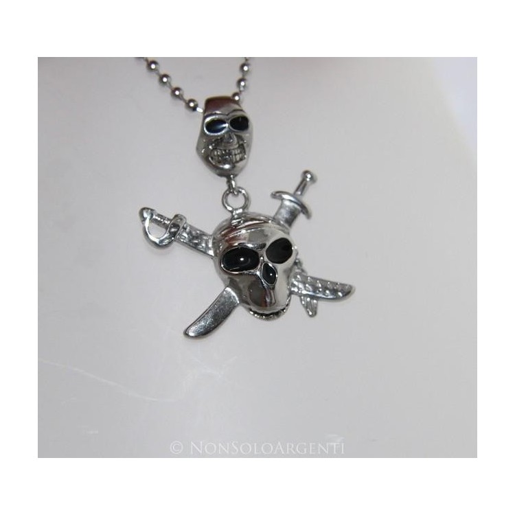 NSA|Pirate pendant steel necklace 2 skulls with crossed swords for man