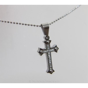 NSA|Acciaio : Collana pallini uomo donna ciondolo croce copta bullonata con zirconi
