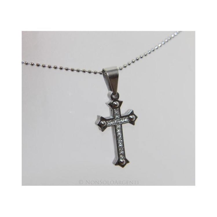 NSA|Acciaio : Collana pallini uomo donna ciondolo croce copta bullonata con zirconi