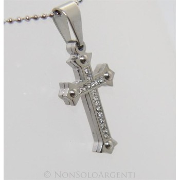 NSA|Acciaio : Collana pallini uomo donna ciondolo croce copta bullonata con zirconi
