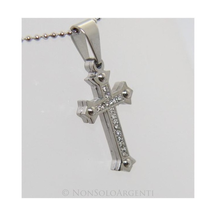 NSA|Acciaio : Collana pallini uomo donna ciondolo croce copta bullonata con zirconi