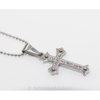 NSA|Acciaio : Collana pallini uomo donna ciondolo croce copta bullonata con zirconi