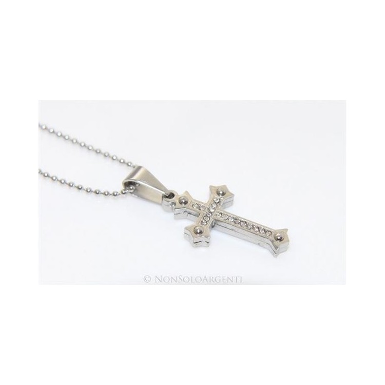 NSA|Acciaio : Collana pallini uomo donna ciondolo croce copta bullonata con zirconi