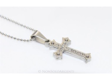 NSA|Acciaio : Collana pallini uomo donna ciondolo croce copta bullonata con zirconi